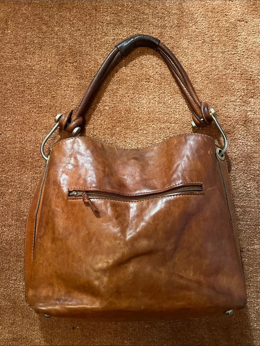 Vintag Cognac Leather Hobo Bag w/ great metal hardware
